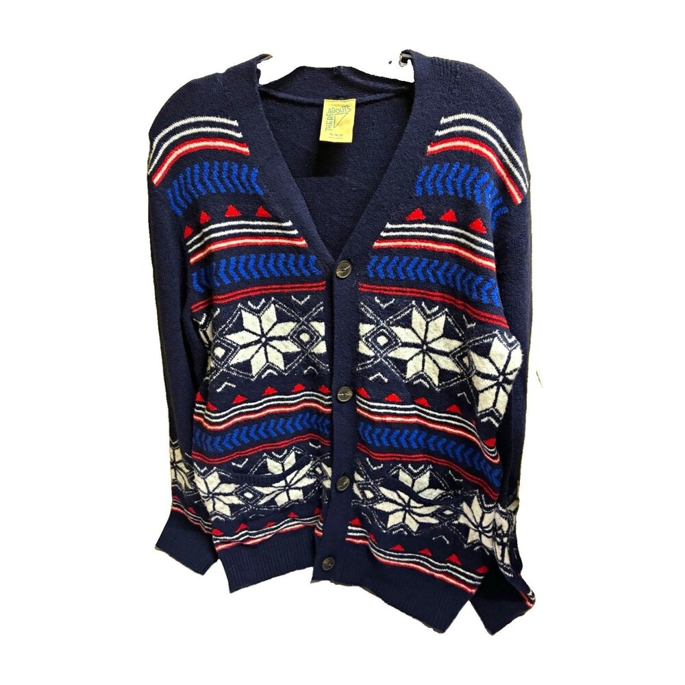 There Abouts Sweater Women’s Blue Fair Isle V-Neck Button Front Cardigan Xmas